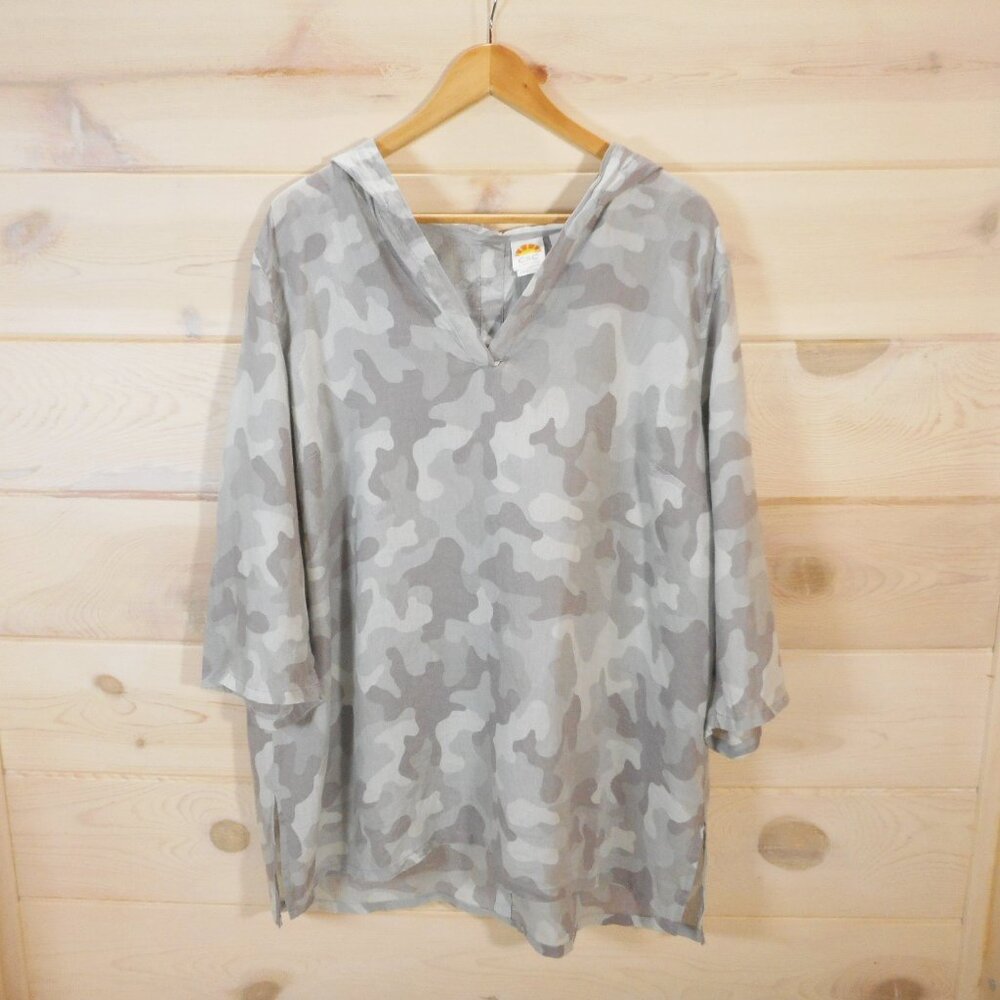 C&C California Size 1X Hooded Tunic Gray Camo 100% Linen 3/4 Sleeve Lightweight